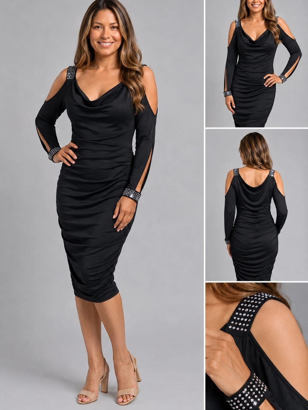 Black Cold-Shoulder Ruched Midi Dress with Stud Embellishments